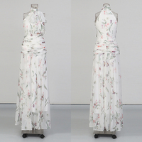 Robe longue chic blanche à imprimé floral pour femme, col montant, sans manches, taille froncée, fluide, pour invitée de mariage, soirée, vente en gros