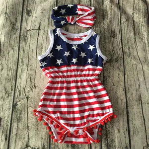 4th of July American Flag Independence Day Baby Romper Summer Stripe Star Print Pompom Romper with Headband