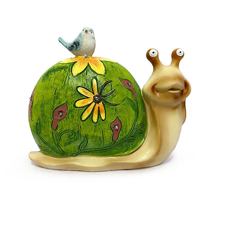 Customizable Animal Decoration Birds Standing on Painted Snail Back Garden Statue Outdoor Solar Lights for Garden Decor