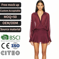 Robe courte moulante bordeaux à manches longues, col à volants, manches transparentes, élégante pour les soirées et les clubs, pour femmes