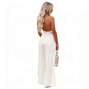 Plus Size 3XL Summer New Women Cotton Linen Wide Leg Pants Casual Loose Fit Solid Color High <strong>Waist</strong> with Drawstring Beach <strong>Trouser</strong> - Product Image 5