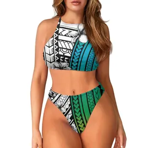 Set Bikini motif Tribal polinesian untuk wanita, setelan baju renang dua potong kerah Halter Push Up, pakaian renang pinggang tinggi, motif Tribal