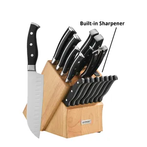 Factory new design High Quality Carbon steak santoku carving knives kitchen knife set with block and all-purpose shears