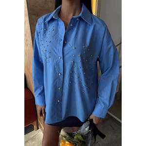 Camisa Sobe de Popelina para Mujer, Azul con Adornos de Cristal, Cierre de Botones, para Uso Diario - Product Image 6