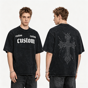 T-shirts à manches courtes en coton épais surdimensionnés imprimés sur mesure en usine, color block, délavés à l'acide, pour hommes, style vintage et usé - Product Image 1