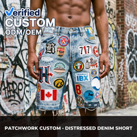 Shorts en jean bleu clair personnalisés pour homme, coupe droite ample, effet usé, déchirés, avec patchs brodés, franges et délavage acide, style vintage pour l'été