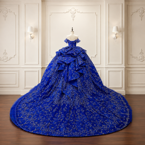 Lsmc143 Elegante Vestido de Quinceañera Azul Cobalto con Hombros Brillantes, Apliques de Encaje Barroco, Cola Capilla, Largo hasta el Suelo, para Fiesta - Product Image 2