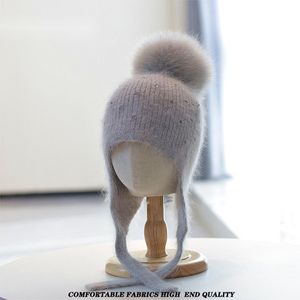 <span class=keywords><strong>Bonnet</strong></span> en laine angora tricoté sur mesure pour <span class=keywords><strong>femme</strong></span> avec strass et <span class=keywords><strong>pompon</strong></span> en fourrure - Motif uni, idéal pour le ski et les voyages - Product Image 3