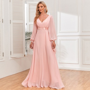 Robe longue de demoiselle d'honneur élégante en mousseline unie avec dentelle, écologique, à manches longues, pour femme, collection automne, vente en gros - Product Image 3