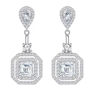 Zircon Retro Jóias Luxo S925 Sterling Silver Full Diamond 6*6 Pedra Cubic Zirconia Gota Pingente Brincos para as mulheres