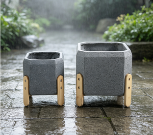 <b>Square</b> Tripod Plant Pot Set of 2, Grey Textured Flower <b>Planter</b> with <b>Wooden</b> Legs, Indoor Outdoor Decorative Plant Container - Product Image 2