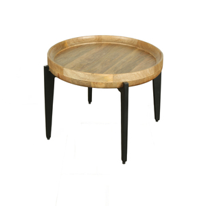 Accent Solid Mango Wood <b>Round</b> <b>Tray</b> Top Coffee <b>Table</b> with Sturdy Iron 4 Legs Modern Industrial Style Living Room Center <b>Table</b> - Product Image 3
