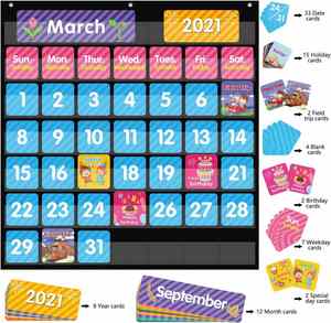Large 44 Pockets <b>Calendar</b> & Weather Pocket Chart Black, 25"x24" with 85 Cards, for Classroom Home & School Learning - Product Image 2