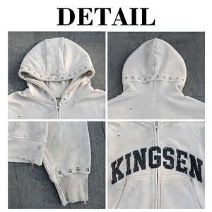 Sweat à capuche zippé personnalisé Streetwear, coupe oversize, grammage lourd, effet vintage délavé, imprimé graphique, effet usé avec clous décoratifs - Product Image 6