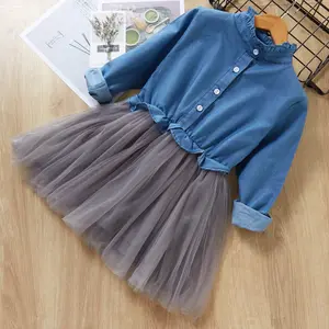 Hot Sale Spring Baby Girls Kids Clothing Solid Long Sleeve Denim Lace Dress Princess Dresses Cotton For Children Clothes Dress