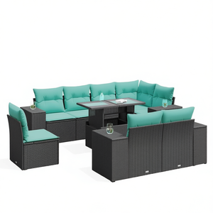 Set di divani da giardino in polyrattan nero da 9 pezzi con cuscini, mobili da giardino per esterni, design contemporaneo - Product Image 1