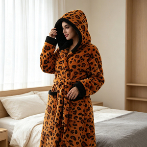 Accappatoio Invernale Ultra Morbido e Caldo con Cappuccio, Stampa Leopardata Arancione, in Flanella Spessa, Lunghezza Intera, ODM XL, per Casa, Hotel, Spa, Abbigliamento <span class=keywords><strong>da</strong></span> <span class=keywords><strong>Notte</strong></span> e Relax - Product Image 6