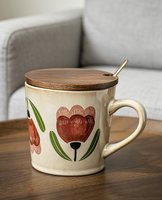 Ensemble de tasses à café en céramique florales vintage avec couvercle, cuillère et plateau, résistant à la chaleur, compatible micro-ondes, élégant pour le bureau et la maison