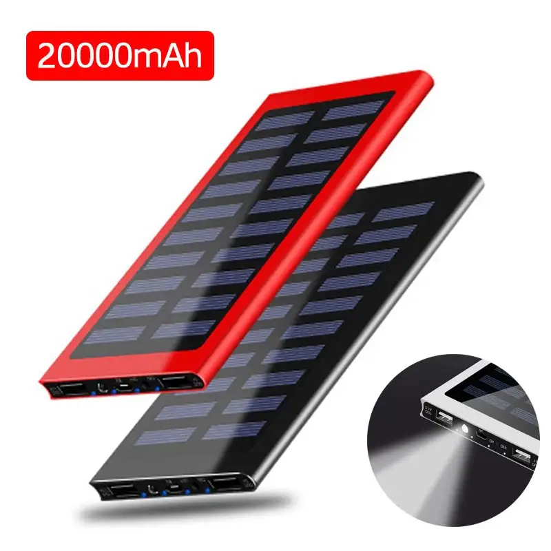 신제품 2021 슈퍼 슬림 20000mah usb 2.0 태양 모바일 전원 은행 LED 빛