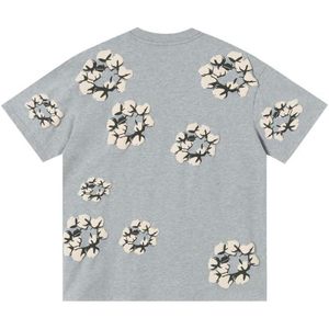 เสื้อยืดแขนสั้นทรงโอเวอร์ไซส์ผ้าฝ้าย 100% ลายดอกไม้สีเทาปักลาย  พร้อมโลโก้แบบกำหนดเอง สไตล์สตรีทแวร์ ไซส์พลัส - Product Image 1