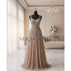 Robe de réception de mariée de luxe en Georgette avec des embellissements en pierres lourdes, élégante robe de soirée de fiançailles pour femme - Product Image 1
