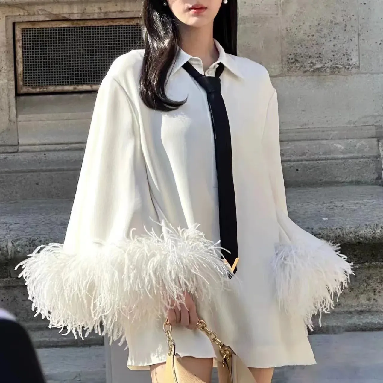 A8330 Hochwertige neueste Mode adrette Stil White Feather Langarm Damen Shirt Kleid Outfit Kleidung