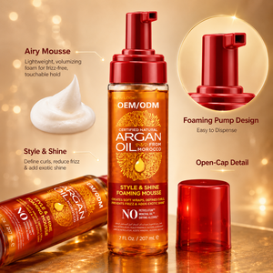 OEM ODM Argan Oil Vegan Foaming Mousse Curly Hair Frizz Control Shine Strong Hold Private Label Styling Foam - Product Image 4