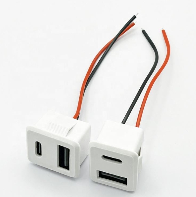 White Panel Mount USB a & USB C Female Socket Fast Charger With Open Wires Power Cable