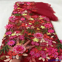 Tissu de dentelle de mariage brodé de fleurs 3D, de perles et de paillettes, tendance