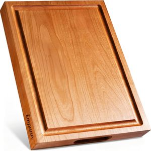 Tabla de cortar de madera de cerezo para cocina con asa, con ranura para jugos y ranura integrada para verduras, frutas y carne - Product Image 1