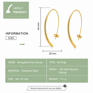 Oval Hoop <b>Earrings</b> Stainless Steel 14K <b>Gold</b> Vacuum Plated Elongated Tapered Open Hoops Polished Butterfly <b>Back</b> <b>Earrings</b> - Product Image 4