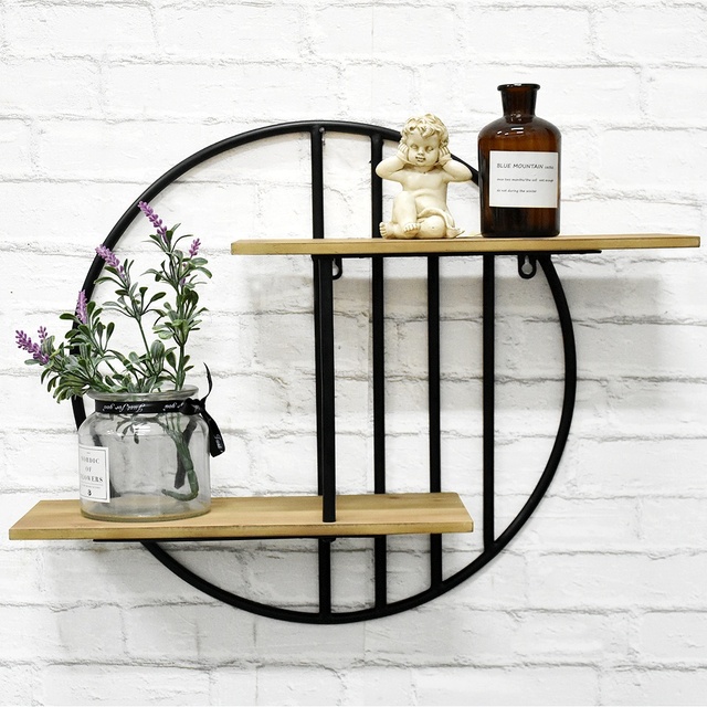 Luckywind Rustic Wooden Metal Wall Corner Shelf, Customized 2 Tier Farmhouse Round Metal and Mdf Wood Decorative Wall Shelf