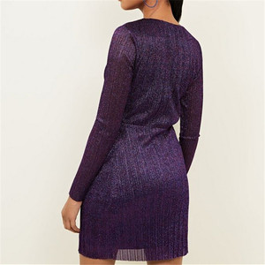 Slim Fit largo mangas púrpura brillo giro frente Mini vestido - Product Image 3