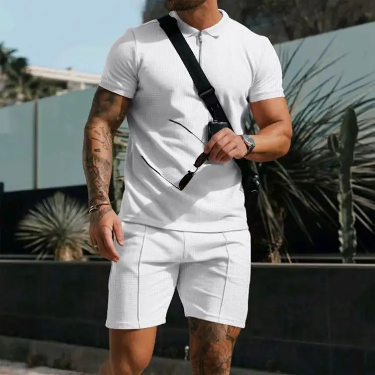 Мужская рубашка и короткий комплект летней спортивной одежды мужская одежда из двух частей 1/4 рубашки на молнии и короткие спортивные костюмы