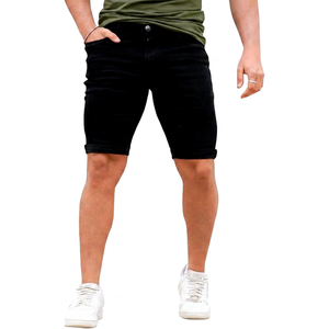 Shorts en jean noir pour homme, taille mi-haute, coupe droite, en coton, décontracté, respirant, tissu tissé, avec fermeture boutonnée - Product Image 1