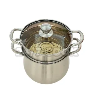 Hot Selling Drum Shape Stainless Steel Steamed Soup Pot Double Layers Steamer Pot with Glass Cover