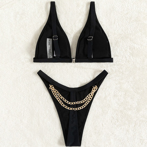 Bikini Nero Due Pezzi Perizoma a Laccetti a V da Donna Tinta Unita Sexy Micro Bikini - Product Image 5