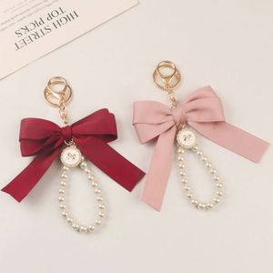 Creative <b>Large</b> Silk Ribbon Bow Knot Pearl Tassel <b>Key</b> <b>Ring</b> Rhinestone Crystal Keychain Silk Screen Fashion for Women Girl - Product Image 5