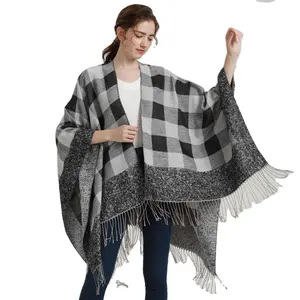 Chinese Manufacturer Indoor Poncho Travel Plaid Shawl Wrap Women's Tassel Plaid Poncho Pashmina Shawl Wrap Cape Sweater