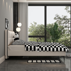 <span class=keywords><strong>Lit</strong></span> de chambre moderne ultra-fin en cuir avec dossier simple et fin pour petits appartements, <span class=keywords><strong>lit</strong></span> pour enfants/garçons et invités, style bois massif - Product Image 4