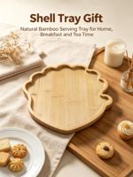 Plateau en bambou en forme de coquillage, plateau de service en bambou avec bord surélevé, design coquillage marin pour le petit-déjeuner et le thé