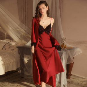 Femmes été <span class=keywords><strong>Satin</strong></span> vêtements de nuit doux soyeux <span class=keywords><strong>Satin</strong></span> profond V avec soutien-gorge coussinets dentelle longue chemise de nuit <span class=keywords><strong>Kimono</strong></span> Robe 5620 - Product Image 4