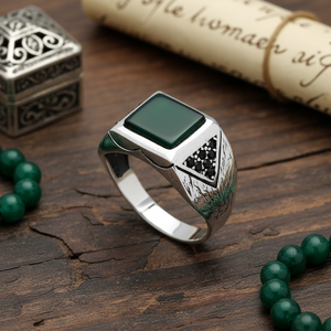 Square Green Gemstone Round Black Zircon Stone Design Ottoman <b>Men's</b> <b>Ring</b> Turkish Handmade Wholesale Authentic <b>Silver</b> <b>Men</b> <b>Ring</b> - Product Image 3