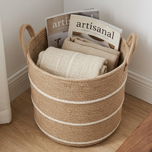 Handwoven Cotton Rope Laundry <b>Hamper</b> Decorative Jute <b>Storage</b> Basket With Handles For Blankets Towels Toys Living Room Organizer - Product Image 2