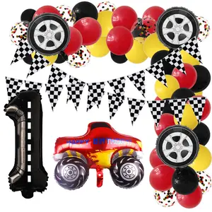 热卖生日主题视频游戏生日派对装饰品红色黑色赛车旗帜气球赛车生日派对用品