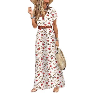 Vestido Floral Bohemio con Cinturón en la Cintura, Escote en V y Manga Corta con Abertura Lateral para Mujer 2026 - Product Image 6