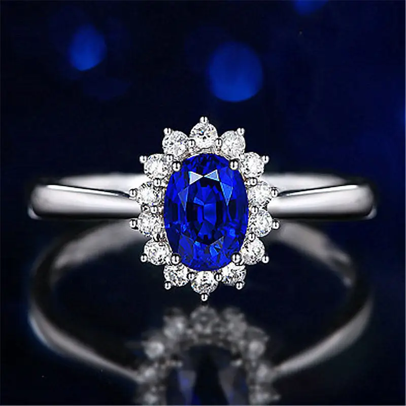 factory price genuine gemstone jewelry wedding engagement ring Kate Princess big oval natural blue sapphire ring for girls women