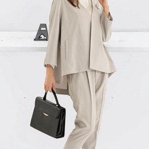 Ensemble tailleur beige uni pour femme, manches longues, col cranté, style bureau, coupe droite, tissu tissé pleine longueur - Product Image 3