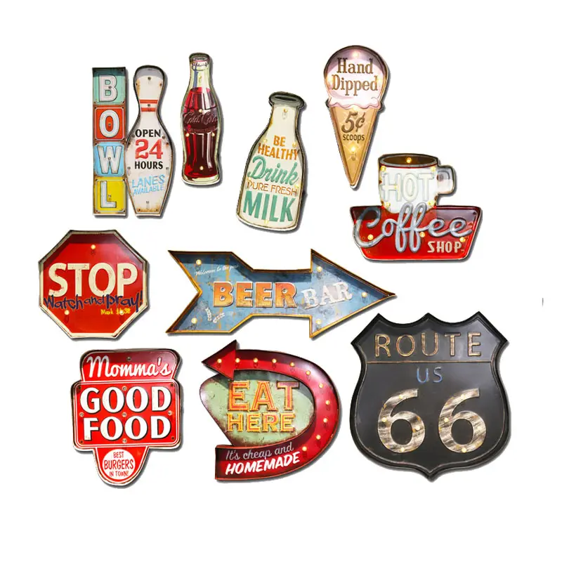 Светодиодный винтажный пивной жестяной знак, старомодный Route таблички, 66 знаков для магазина, мороженого, бара, клуба, кафе, ресторана, настенный декоративный светильник, жестяная тарелка
