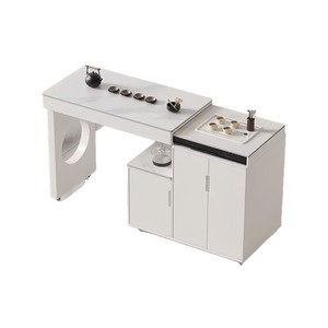 Mesa de té con gabinete de almacenamiento, tapa de mármol blanco, diseño telescópico móvil para uso en el hogar o en el balcón. - Product Image 5